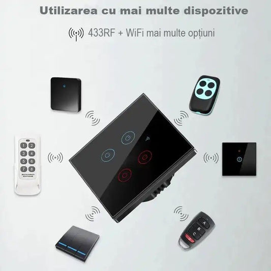 Întrerupător inteligent touch Wi-Fi + RF433, 2 canale, 10A, sticlă securizată, compatibil Alexa/Google – Negru